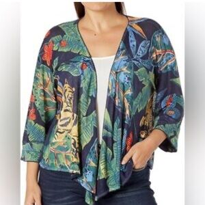 Nic + Zoe Women’s Tropical Jungle Print Linen Blend Wrap Cardigan Sweater Size M